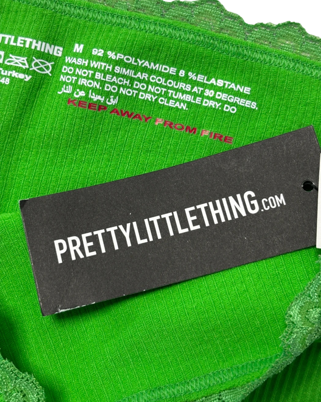 PrettyLittleThing Bright Green Ribbed Lace Trim Shorts W/Tags