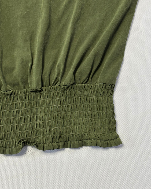 Michael Kors Green Smocked Hem Lace Shoulder Top
