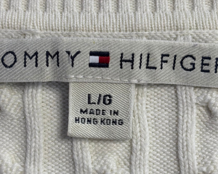 Tommy Hilfiger White Cable-Knit V-Neck Sweater