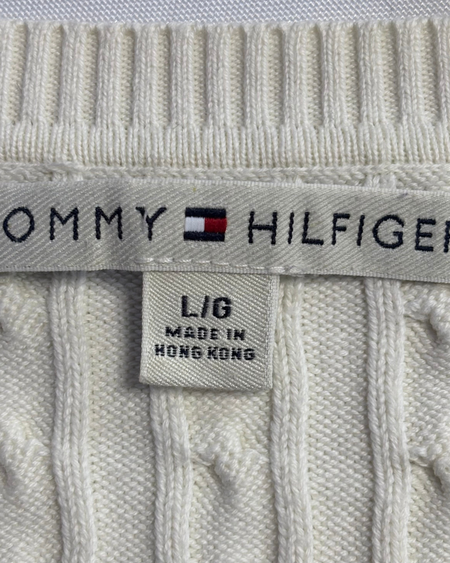 Tommy Hilfiger White Cable-Knit V-Neck Sweater