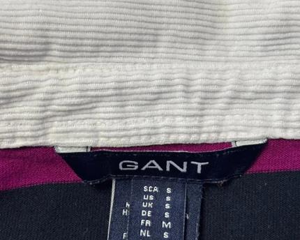 GANT Magenta and Navy Striped Long Sleeve Rugby Polo Shirt