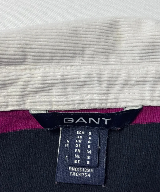 GANT Magenta and Navy Striped Long Sleeve Rugby Polo Shirt