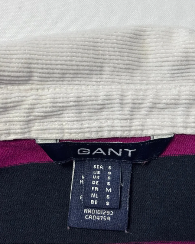 GANT Magenta and Navy Striped Long Sleeve Rugby Polo Shirt