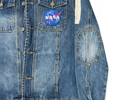 Idopy Blue Distressed Denim Jacket with NASA and PAX Patches
