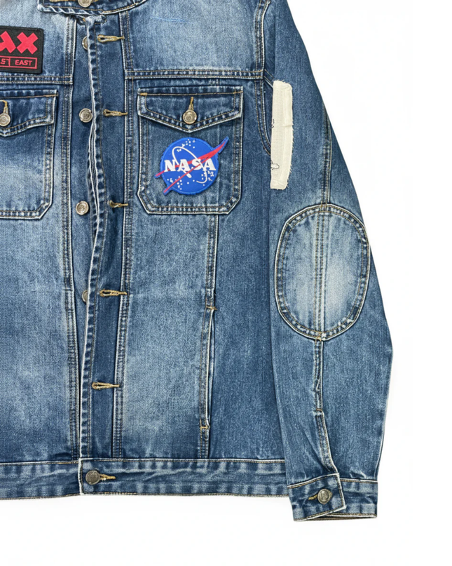 Idopy Blue Distressed Denim Jacket with NASA and PAX Patches