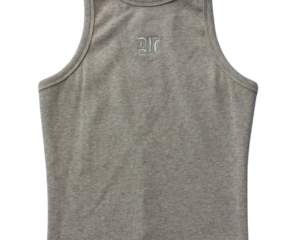 mêm Beige Ribbed Gothic Embroidered Tank Top