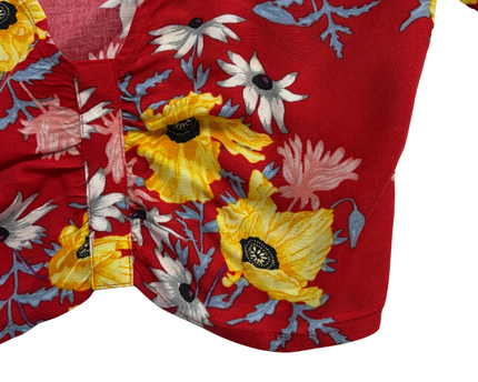 H&M Red Floral Button-Up Short Sleeve Crop Top