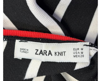 Zara Black and White Striped V-Neck Knit Sweater with Red Trim