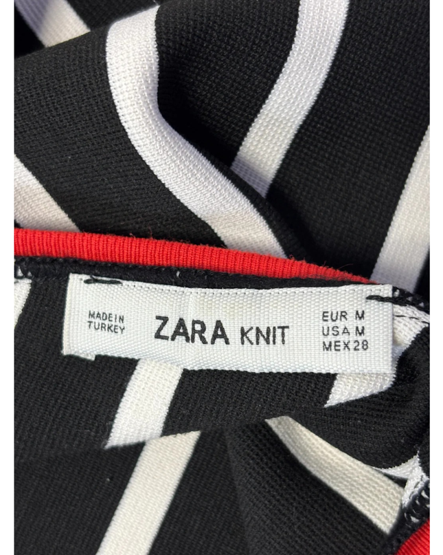 Zara Black and White Striped V-Neck Knit Sweater with Red Trim