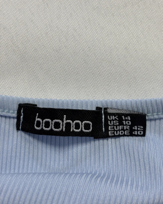 Boohoo Light Blue Ribbed Wrap Ruffle Dress
