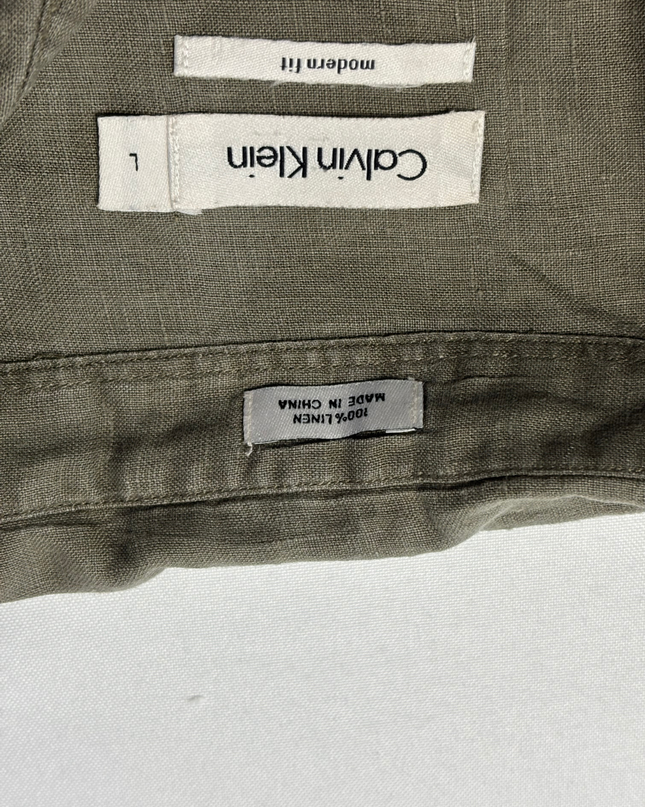 Calvin Klein Olive Modern Fit 100% Linen Button-Down Shirt