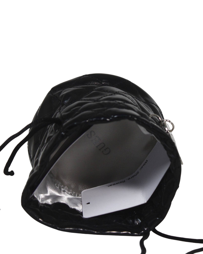Guess Black Quilted Patent Drawstring Bucket Bag