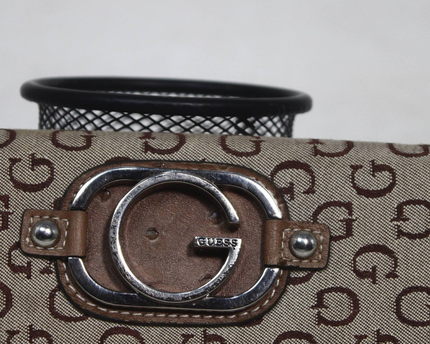 Guess Beige and Brown Monogram Trifold Wallet