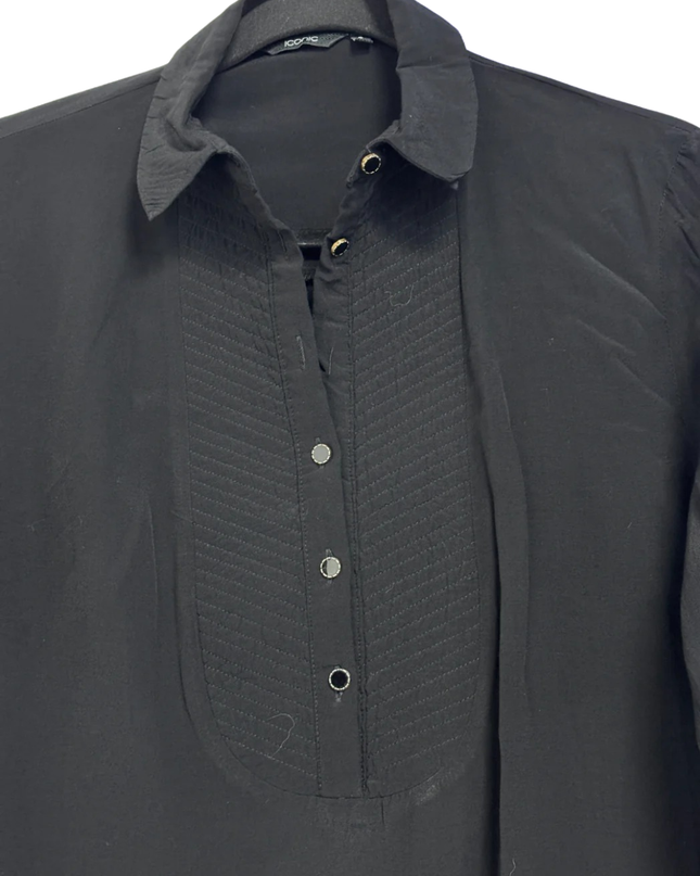 Iconic Black Viscose Bib-Front Long Sleeve Blouse