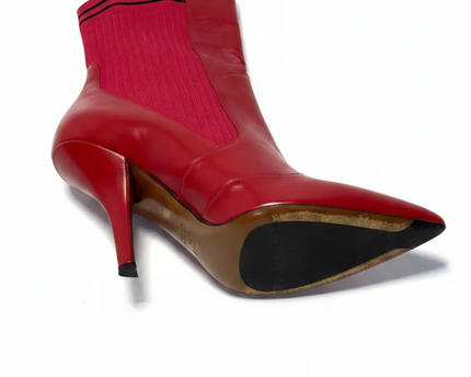 Fendi Red Leather and Ribbed Knit Pointed Toe Sock Boots
