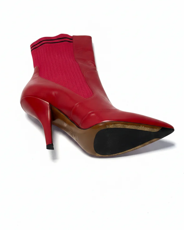 Fendi Red Leather and Ribbed Knit Pointed Toe Sock Boots