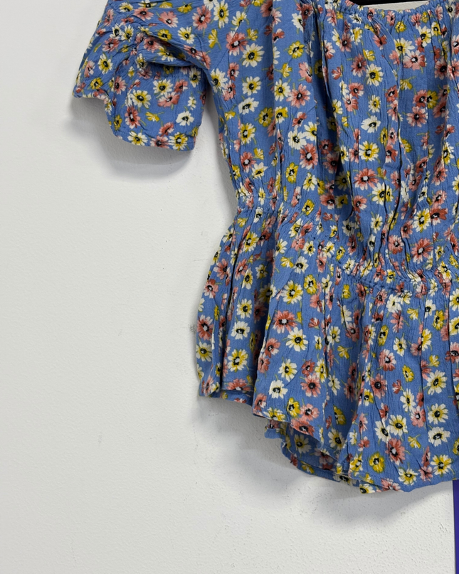 American Eagle Blue Floral Smocked Peplum Blouse