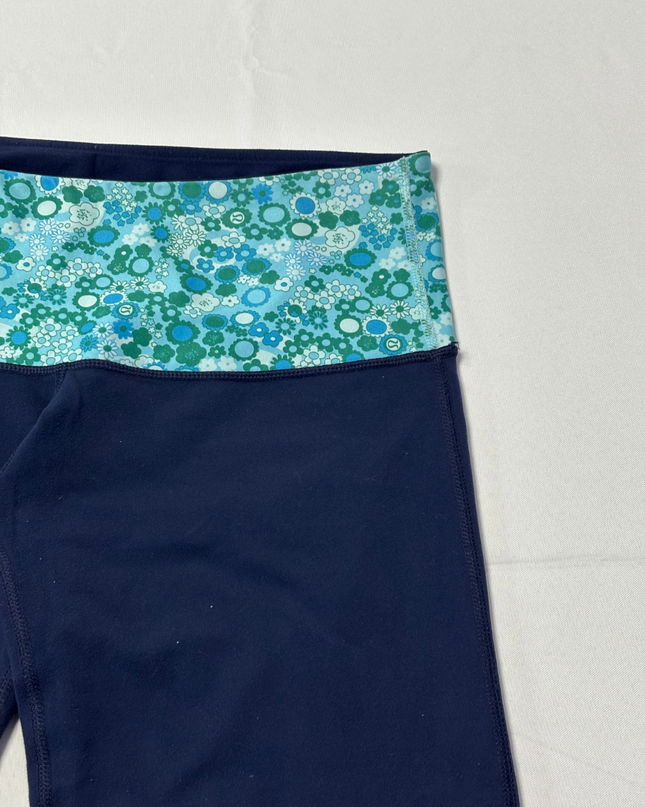 Lululemon Navy Blue Wide Leg Yoga Pants with Floral Waistband