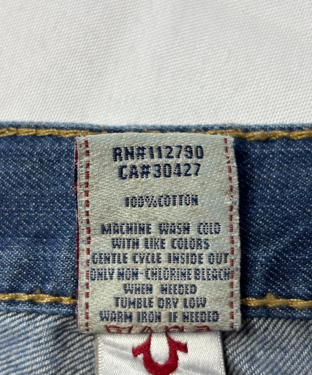 True Religion Blue Section Drew Low Rise Straight Leg Distressed Jeans