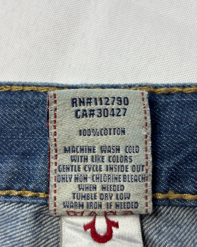 True Religion Blue Section Drew Low Rise Straight Leg Distressed Jeans