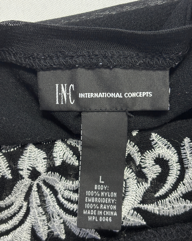 INC International Concepts Black Embroidered 3/4 Sleeve Mesh Top