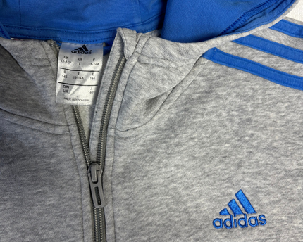 Adidas Grey Full-Zip 3-Stripe Hoodie