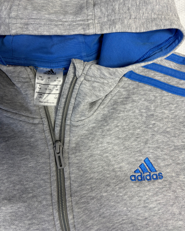 Adidas Grey Full-Zip 3-Stripe Hoodie