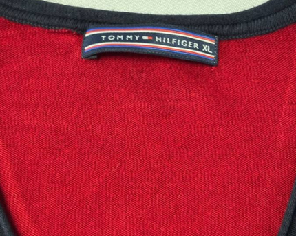 Tommy Hilfiger Red & Navy Blue Colorblock V-Neck Sweater