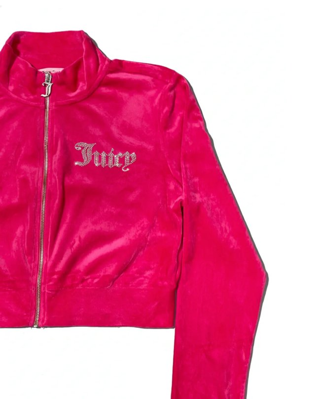 Juicy Couture Pink Velour Rhinestone Logo Cropped Jacket
