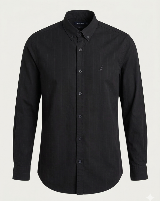 Nautica Black Grid Pattern Classic Fit Long Sleeve Shirt