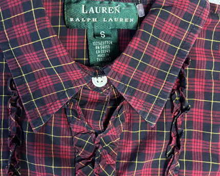 Ralph Lauren Red Plaid Ruffle Front Blouse