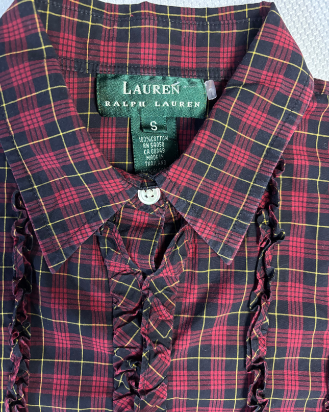 Ralph Lauren Red Plaid Ruffle Front Blouse