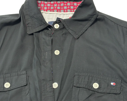Tommy Hilfiger Black Short Sleeve Button-Down Shirt with Floral Trim