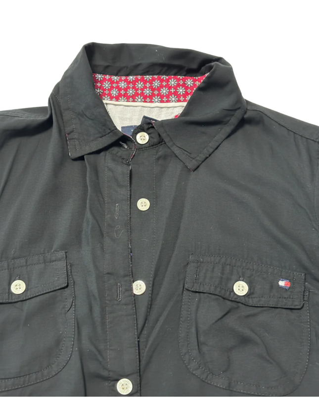 Tommy Hilfiger Black Short Sleeve Button-Down Shirt with Floral Trim