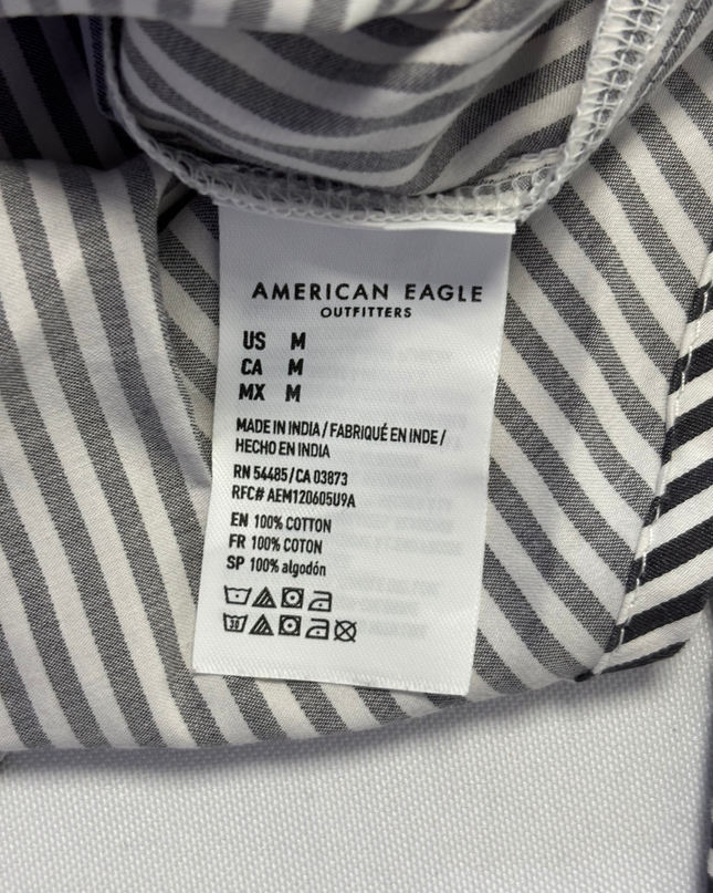 American Eagle Black and White Striped Long Sleeve Button-Down Shirt