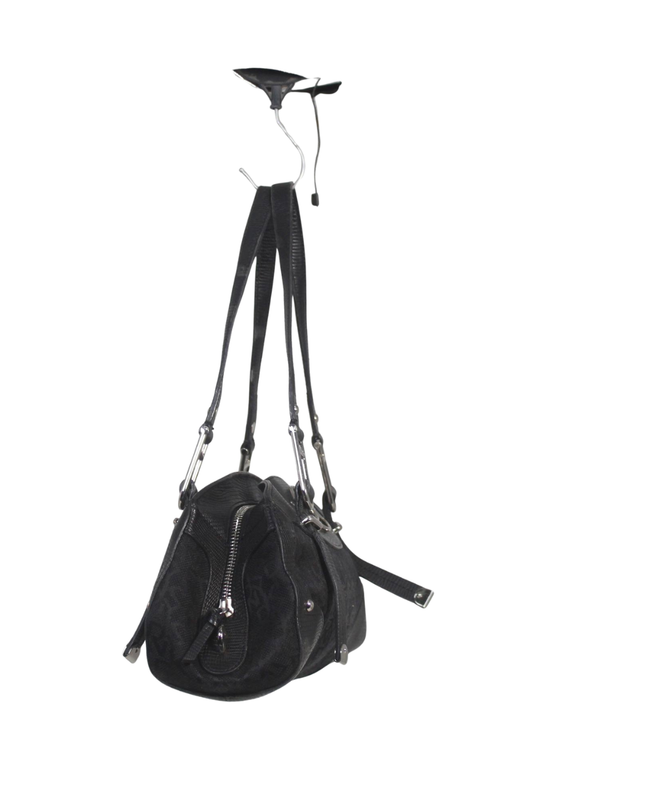 DKNY Black Monogram Canvas and Lizard-Embossed Shoulder Bag