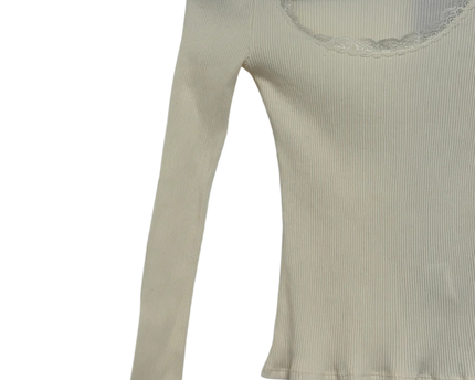 Topshop Cream Ribbed Long Sleeve Lace Trim Top