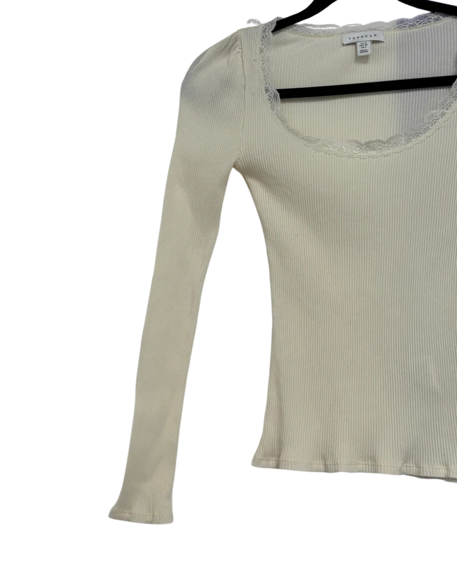 Topshop Cream Ribbed Long Sleeve Lace Trim Top