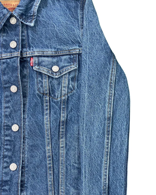 Levi's Blue Denim Trucker Jacket with Sporty Striped Ribbed Trim