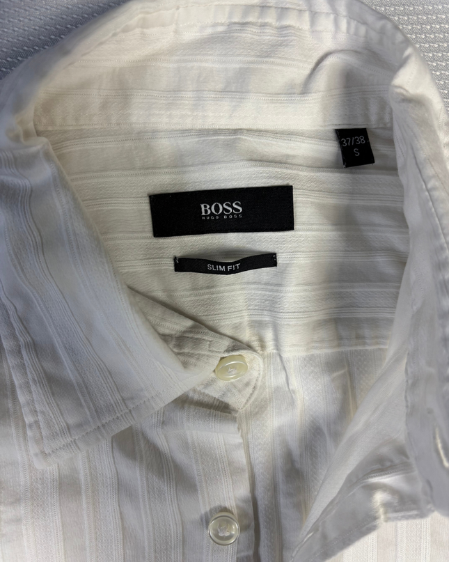 Hugo Boss White Slim Fit Textured Stripe Dress Shirt