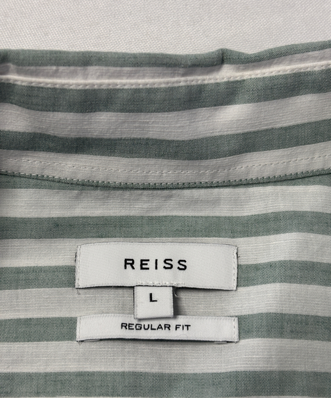 Reiss Green and White Striped Regular Fit Button-Down Shirt