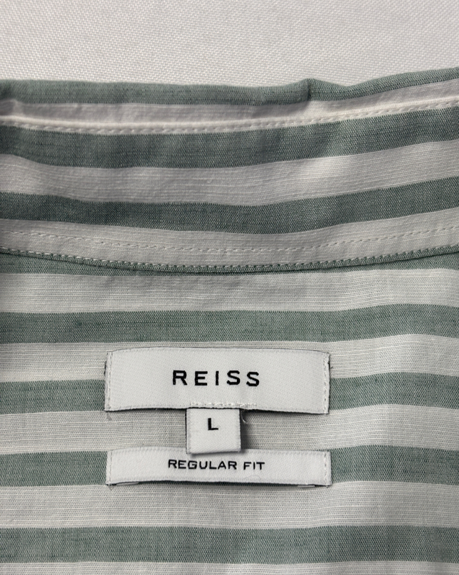 Reiss Green and White Striped Regular Fit Button-Down Shirt