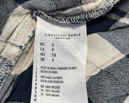 American Eagle Navy Blue Checkered Peplum Blouse