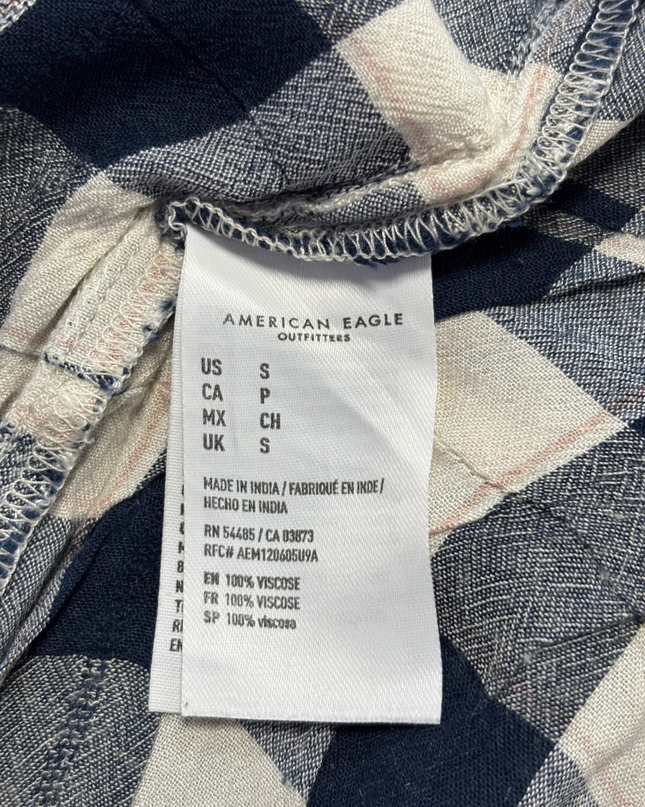 American Eagle Navy Blue Checkered Peplum Blouse
