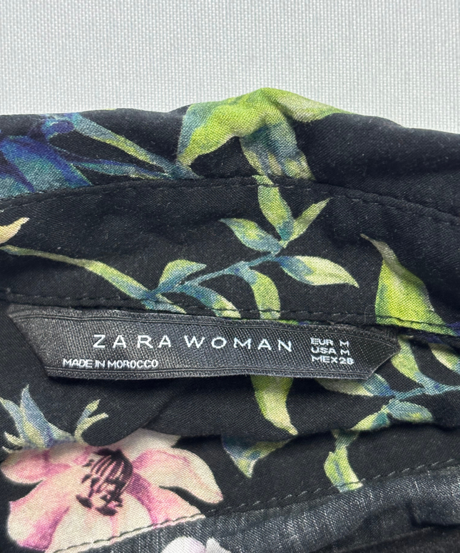 Zara Black Floral Button-Down Blouse