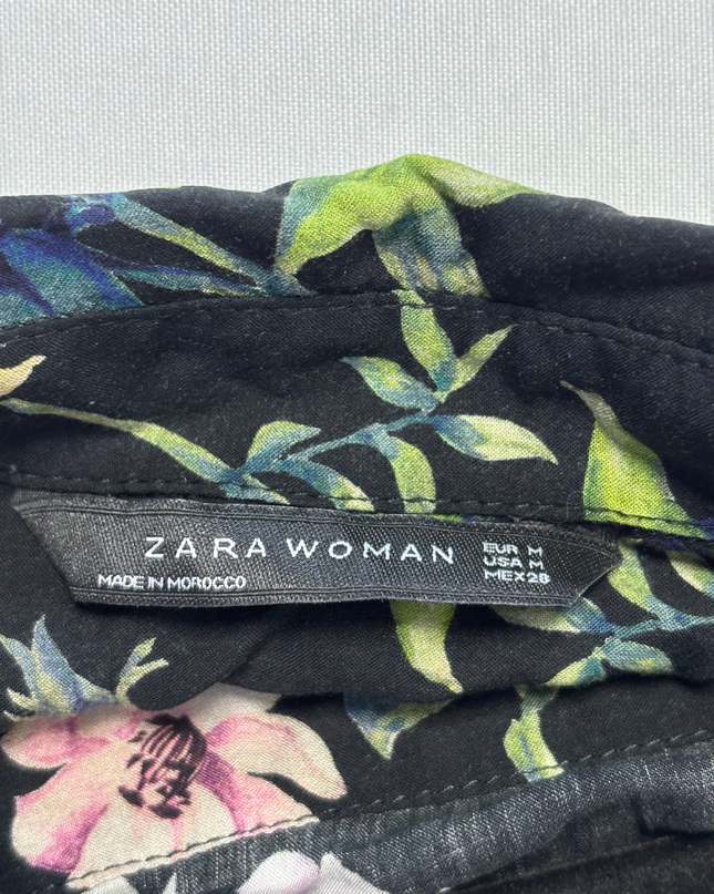 Zara Black Floral Button-Down Blouse