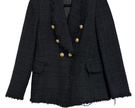 Zara Black Tweed Frayed Double Breasted Blazer