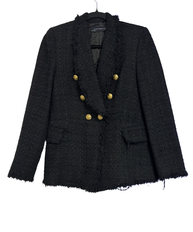 Zara Black Tweed Frayed Double Breasted Blazer