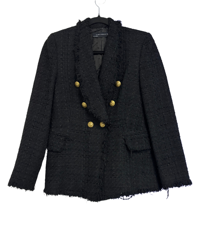 Zara Black Tweed Frayed Double Breasted Blazer