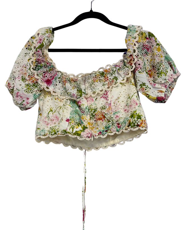 Multicolor Floral Broderie Anglaise Ruffle Crop Top